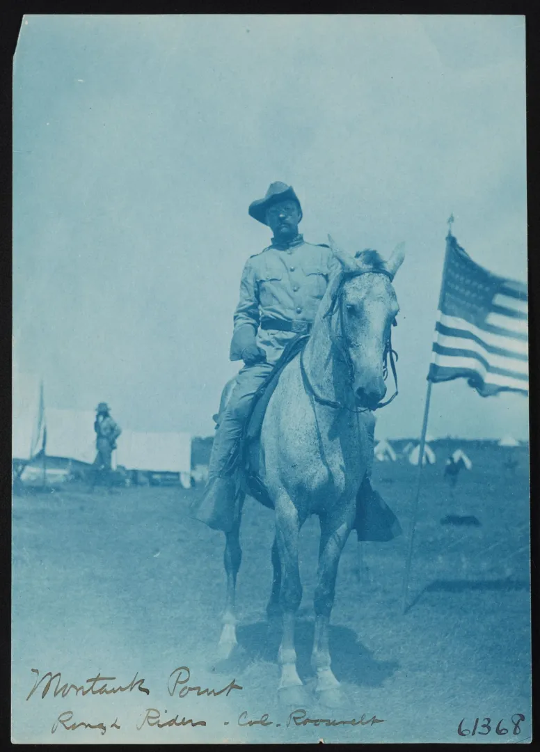 Colonel Roosevelt mounted at the Rough Riders' camp at Montauk Point
