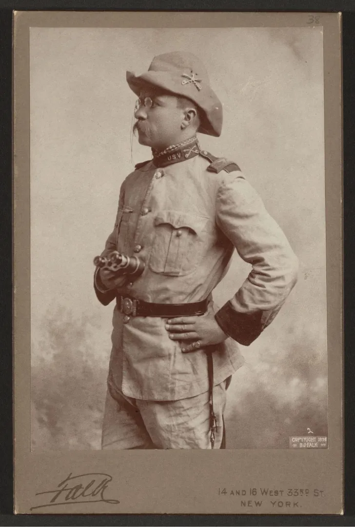 Studio portrait of Theodore Roosevelt in profile in his Rough Rider uniform