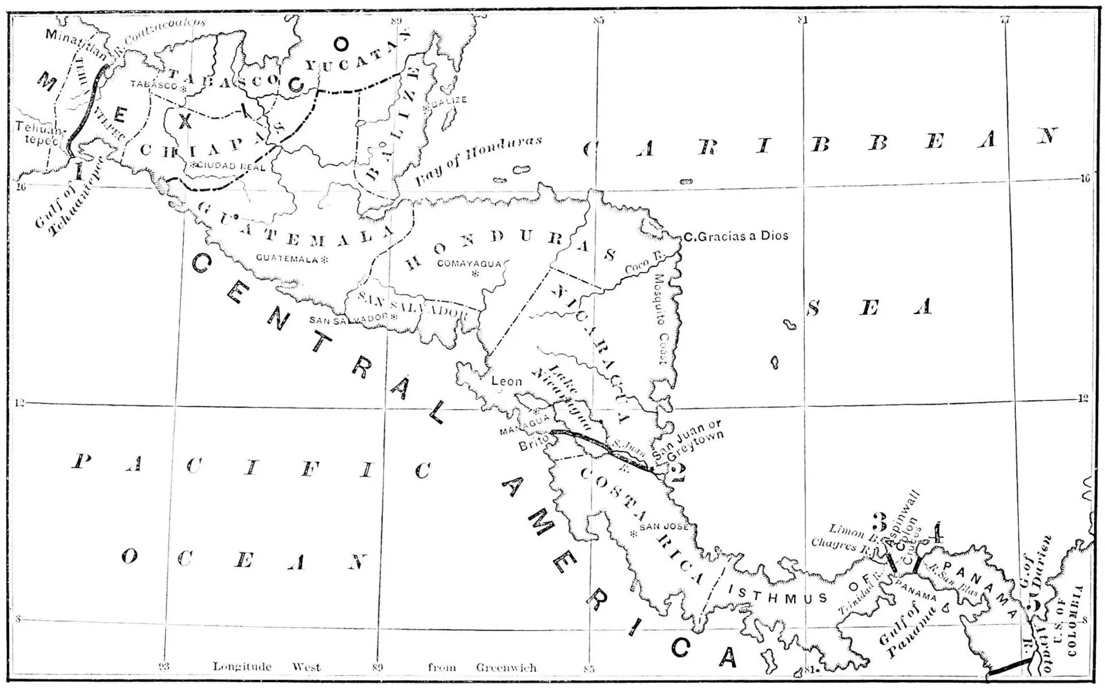 Old map of Central America showing proposed canal routes between the Atlantic and Pacific