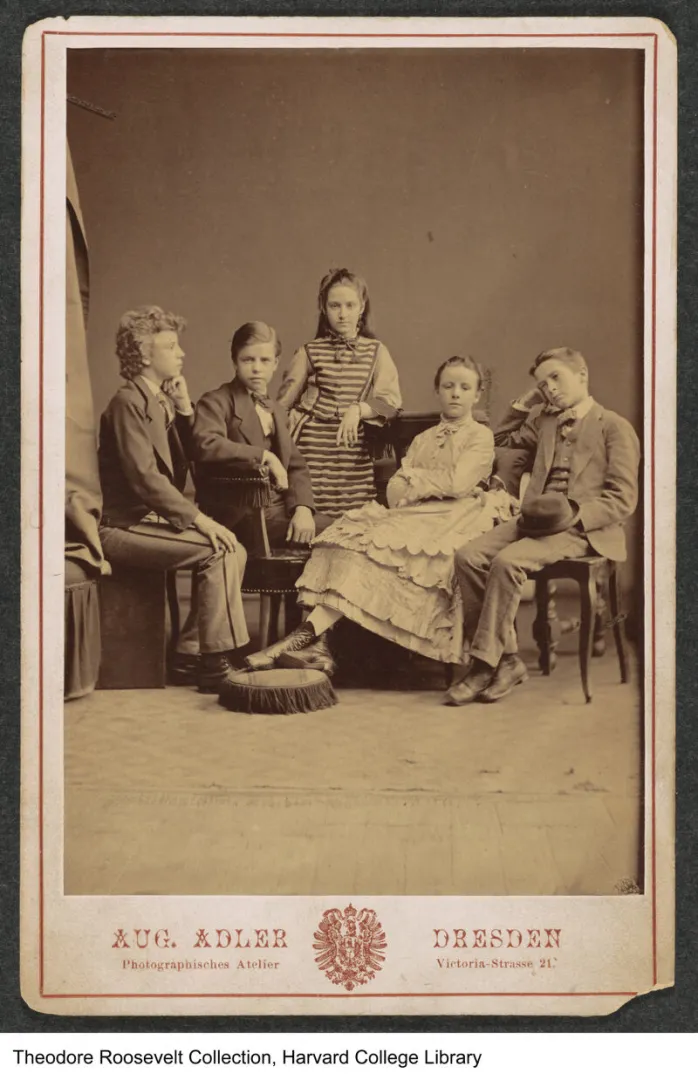 Young Theodore and Elliott Roosevelt with fellow Americans in Dresden, Germany, in the early 1870s