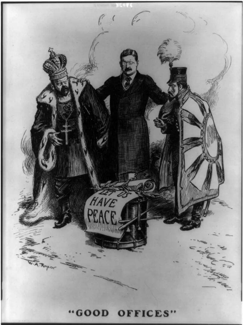Cartoon of Roosevelt standing between Russian and Japanese figures pushing a cannon labeled Have Peace