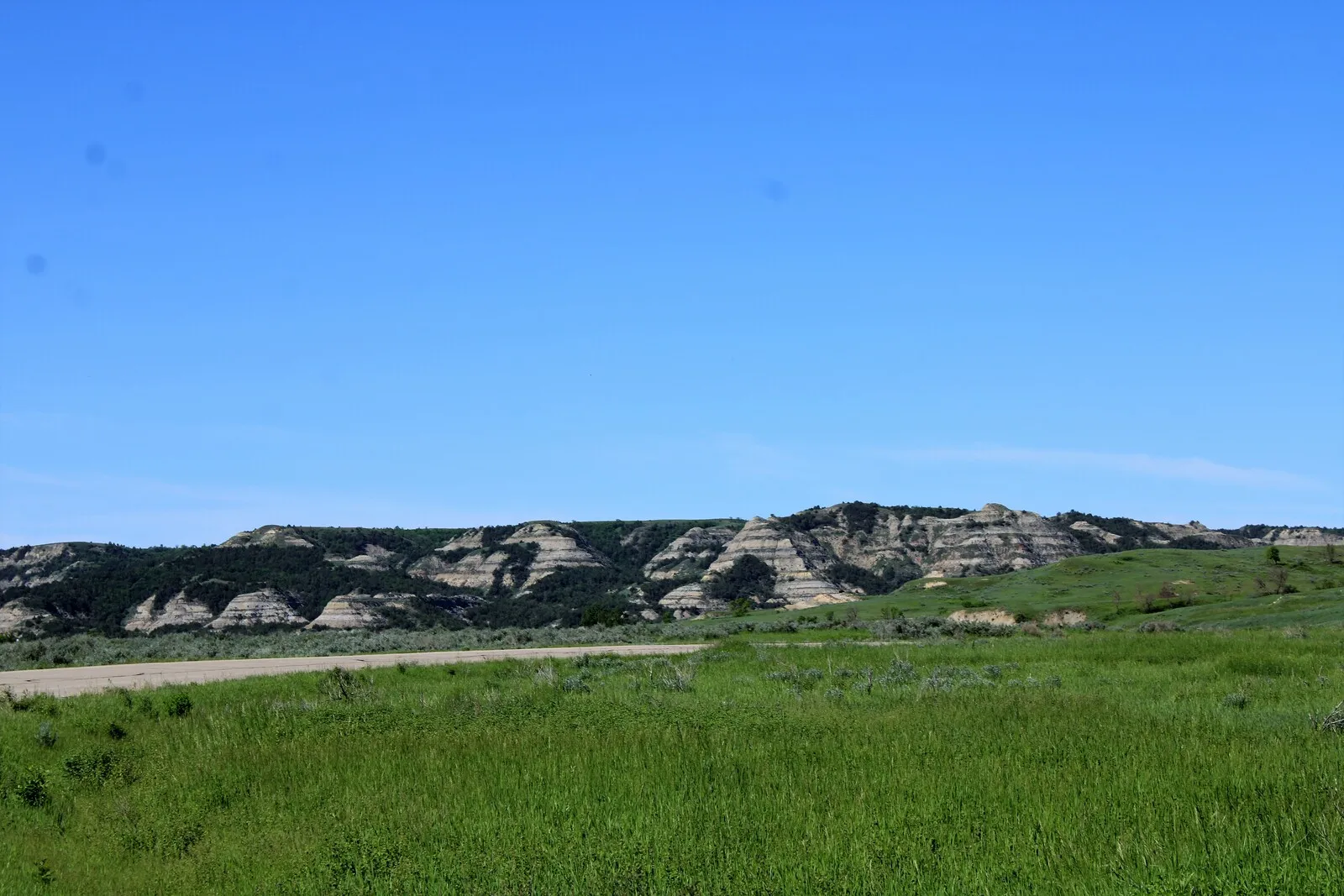 Eroded badlands buttes rising above green prairie in Theodore Roosevelt National Park, North Dakota