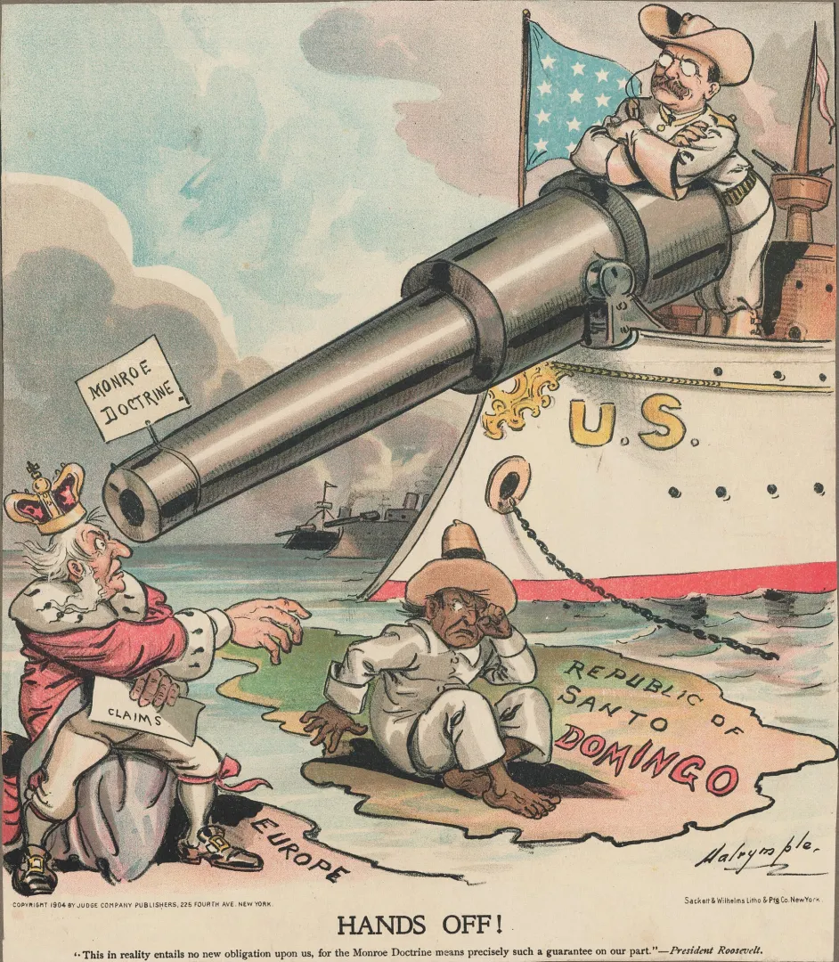 1904 cartoon of Roosevelt atop a battleship gun labeled Monroe Doctrine