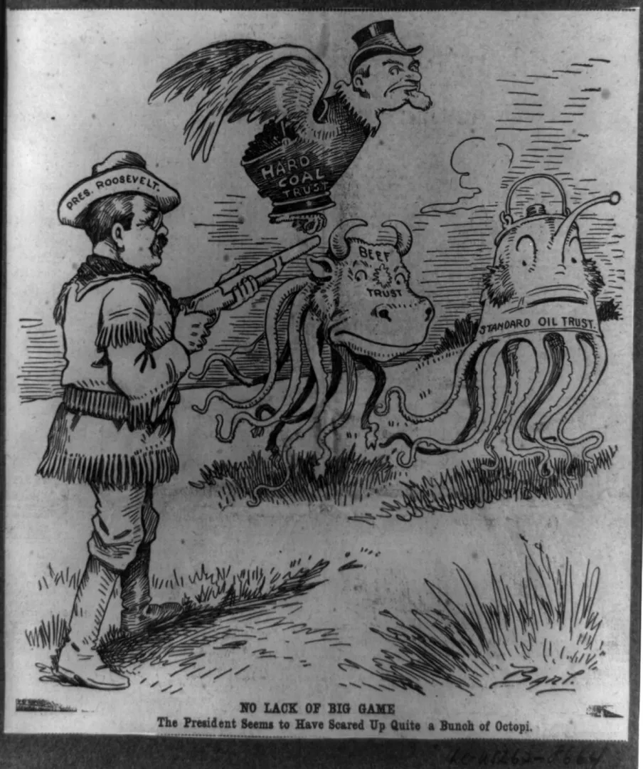 Cartoon of Roosevelt as a hunter aiming at trusts drawn as octopi