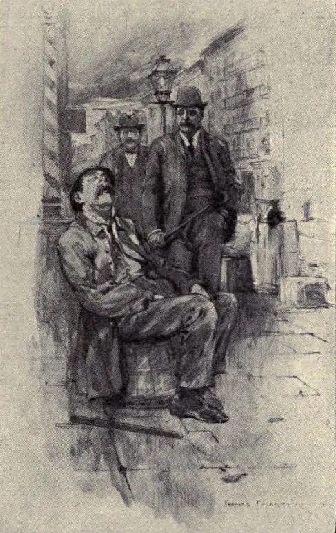 Illustration of Roosevelt on a night ramble finding a patrolman asleep on the job