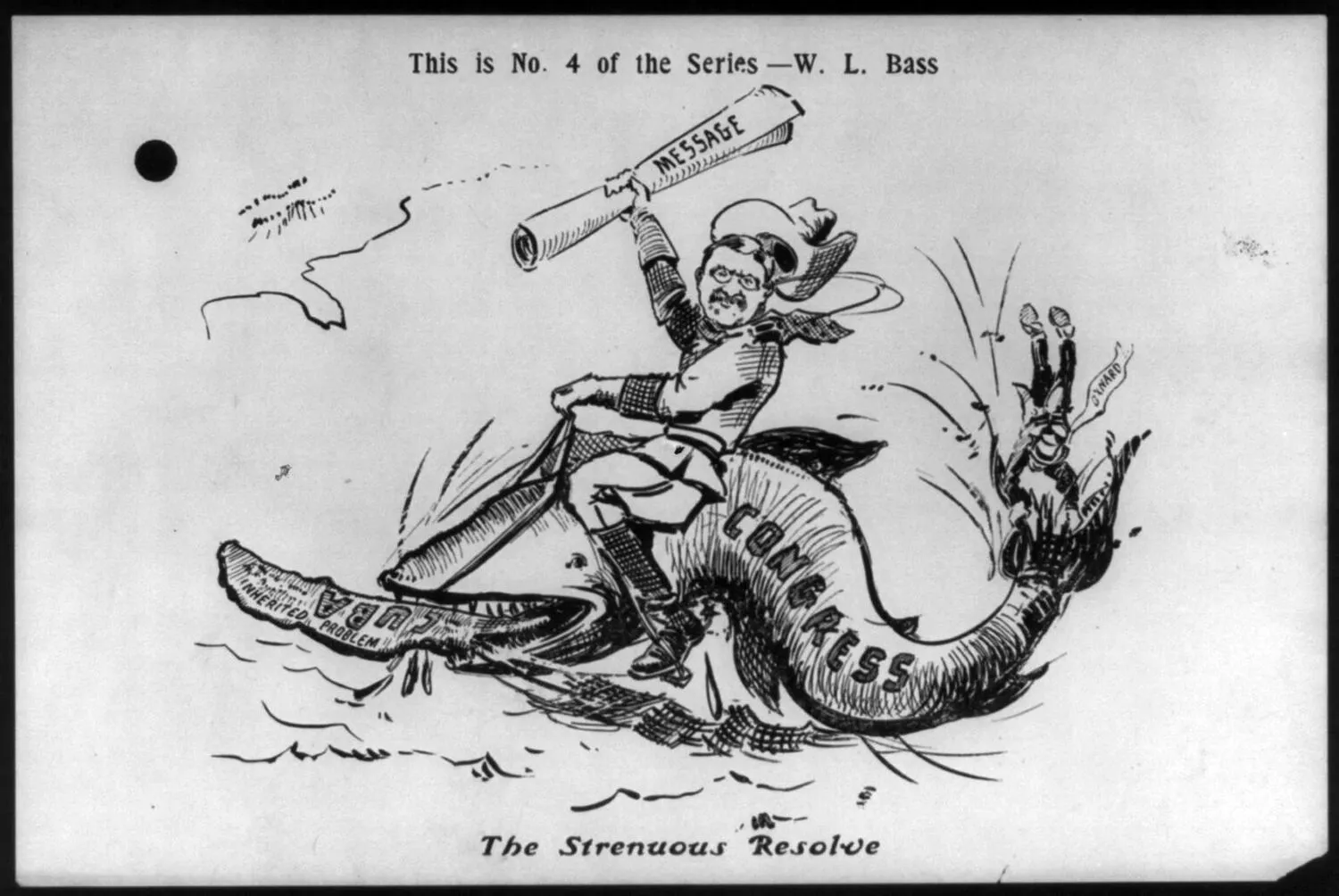 Cartoon titled The Strenuous Resolve showing Roosevelt driving his agenda
