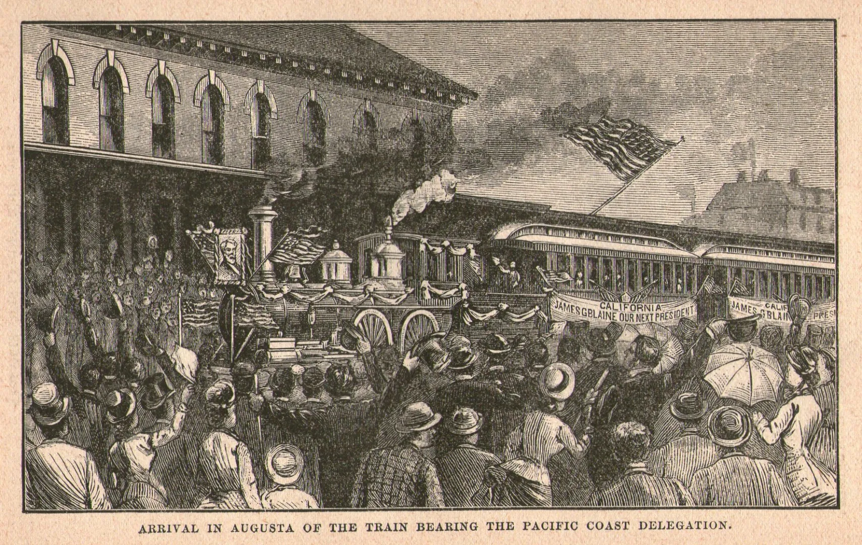 Wood engraving of crowds greeting arriving Republican delegates in 1884