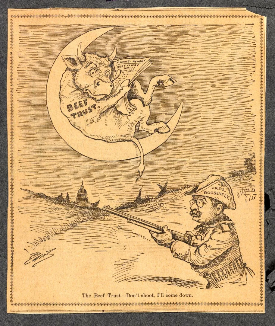 Cartoon of Roosevelt aiming a rifle as a Beef Trust figure surrenders