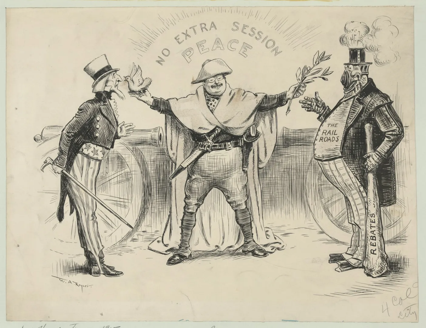 Editorial cartoon of Roosevelt mediating between railroad interests