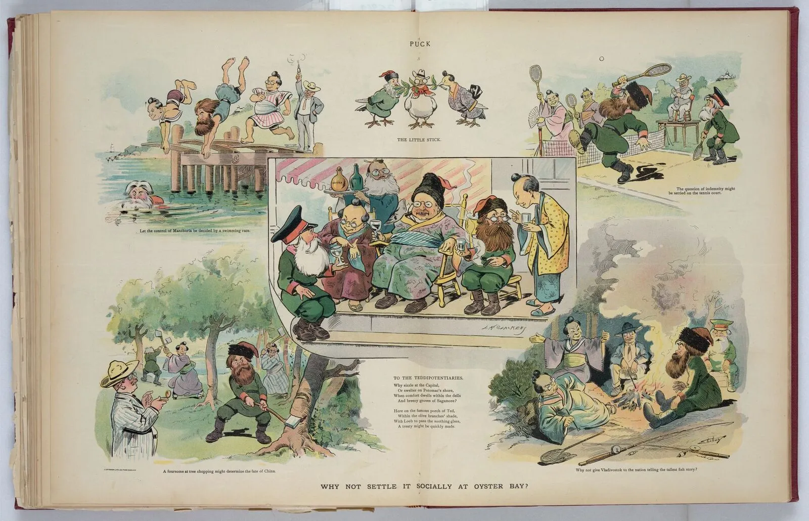 Color Puck cartoon of world figures gathered at Oyster Bay