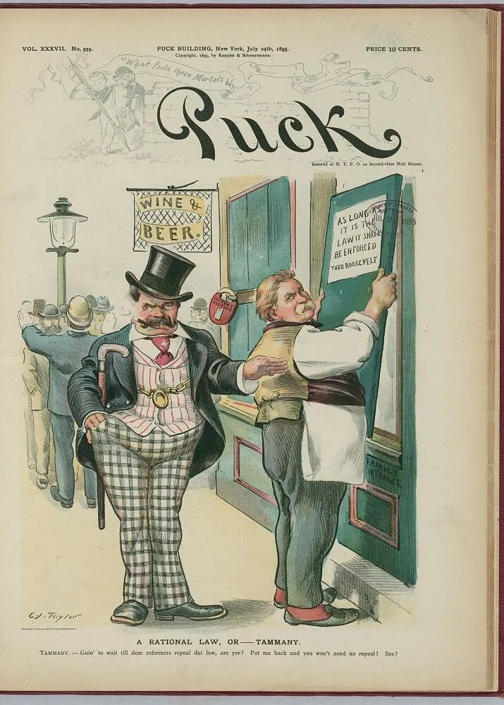 1895 Puck cartoon of a saloonkeeper posting Roosevelt's notice that the excise law will be enforced, as a Tammany boss looks on