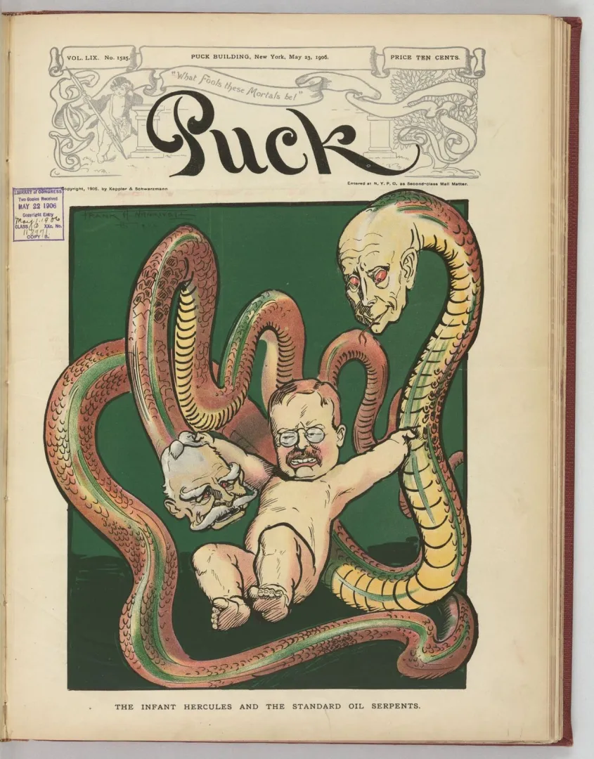 Puck cartoon of an infant Roosevelt strangling serpents with the faces of Rockefeller and Aldrich