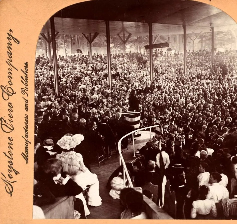 Roosevelt delivering an address to a vast crowd at Chautauqua