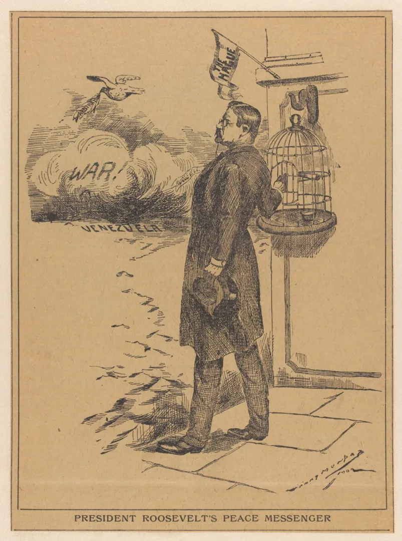 Cartoon captioned President Roosevelt's peace messenger with a caged bird