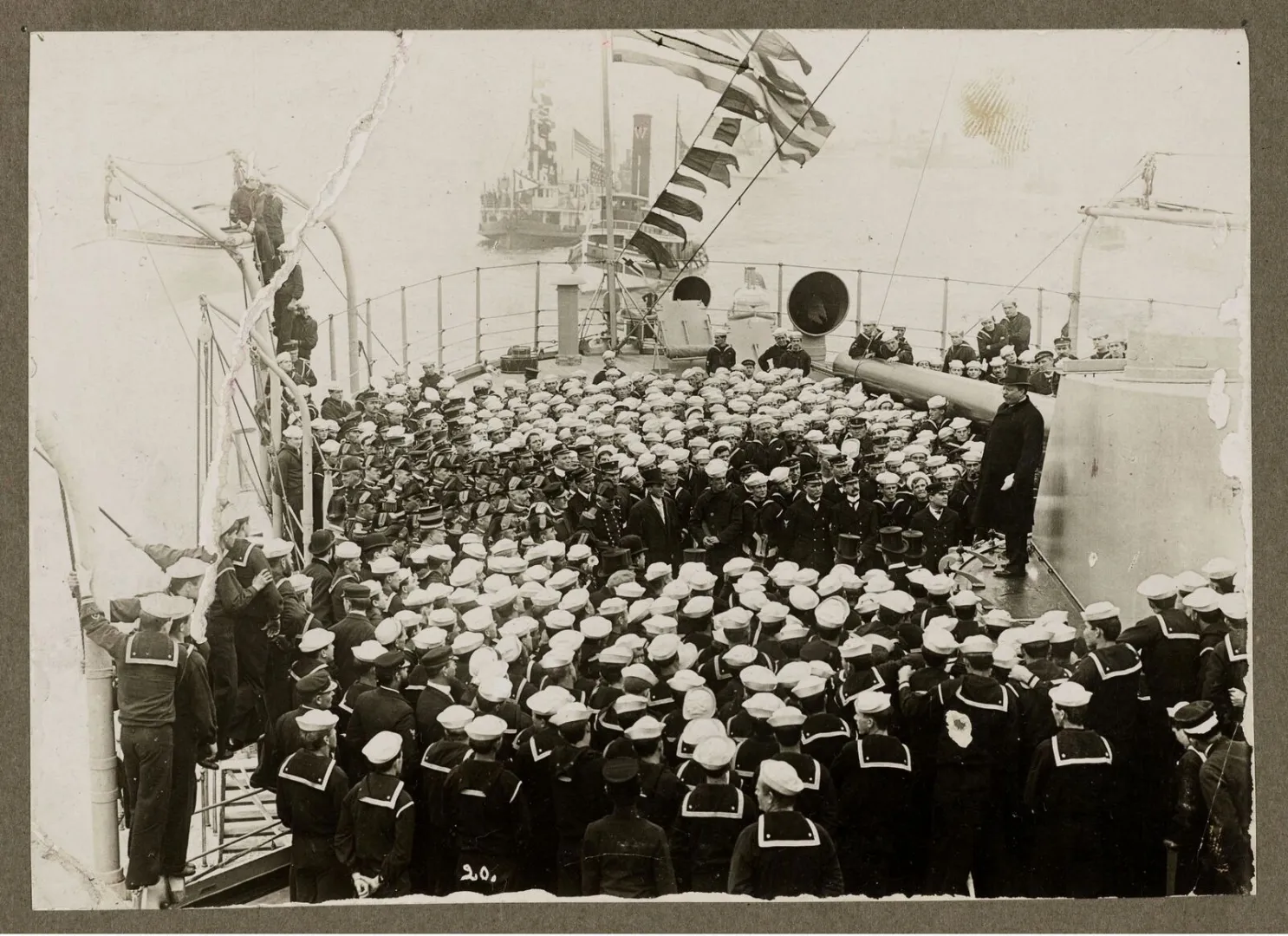 Sailors and crowds aboard a battleship at Hampton Roads, 1907