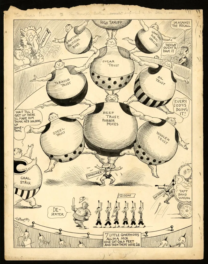 Cartoon crowded with trust balloons labeled Sugar, Oil, Steel, Beef and others