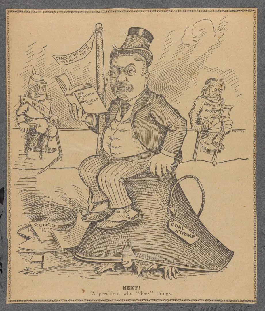 Cartoon of Roosevelt seated on a 'coal strike' bellows, captioned A president who does things
