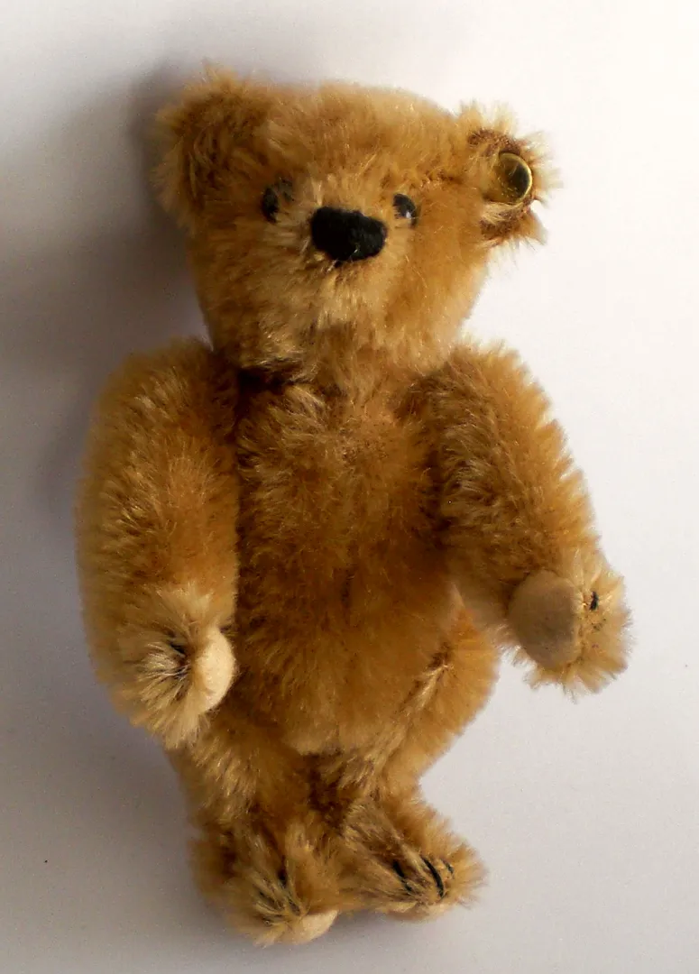 A jointed mohair Steiff teddy bear standing upright