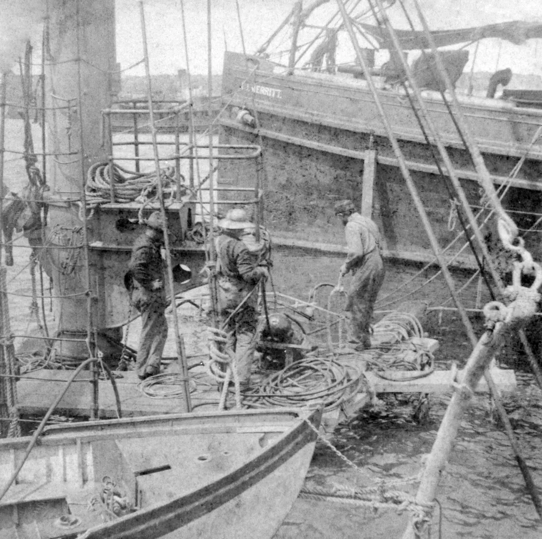 The twisted wreck of the USS Maine in Havana harbor, 1898