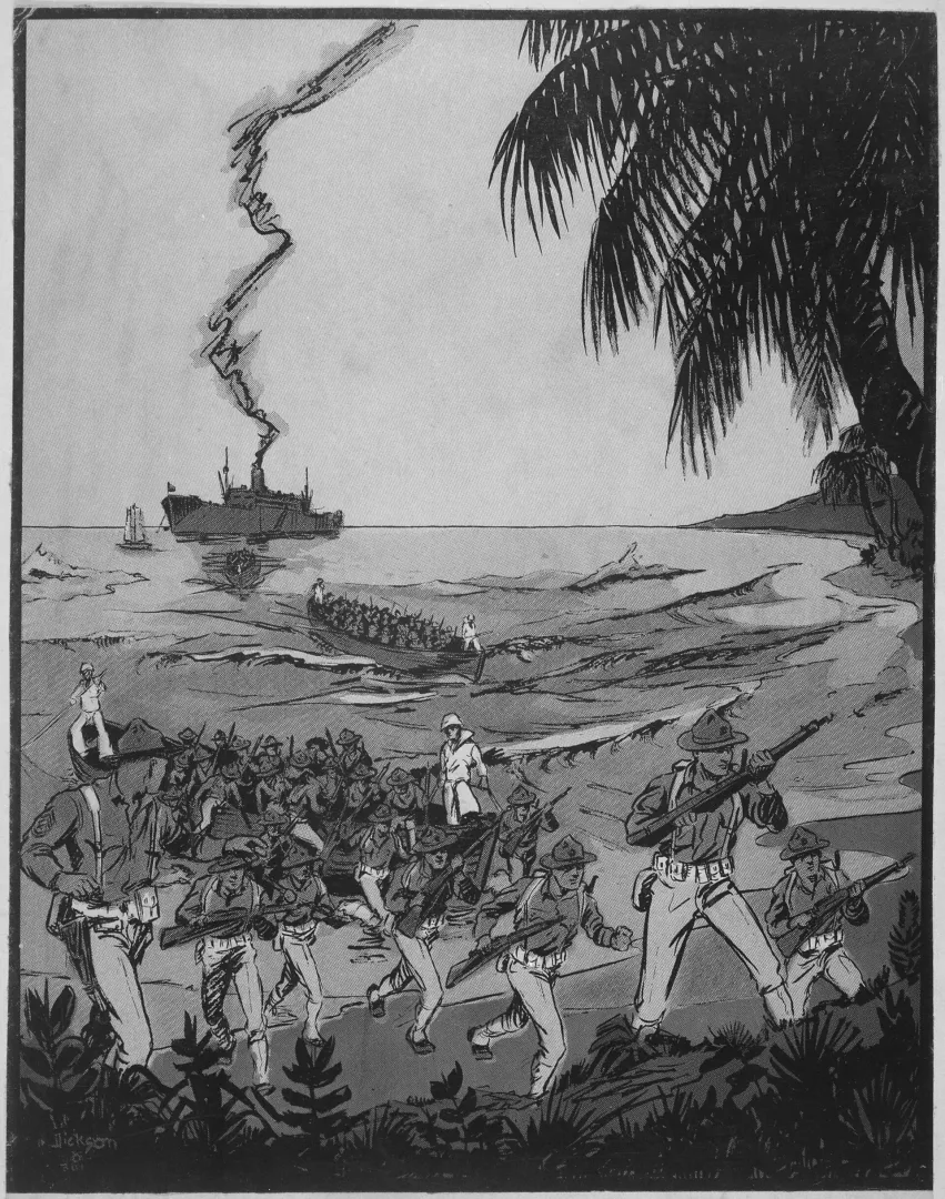 Illustration of U.S. Marines landing on a beach at Santo Domingo, circa 1916