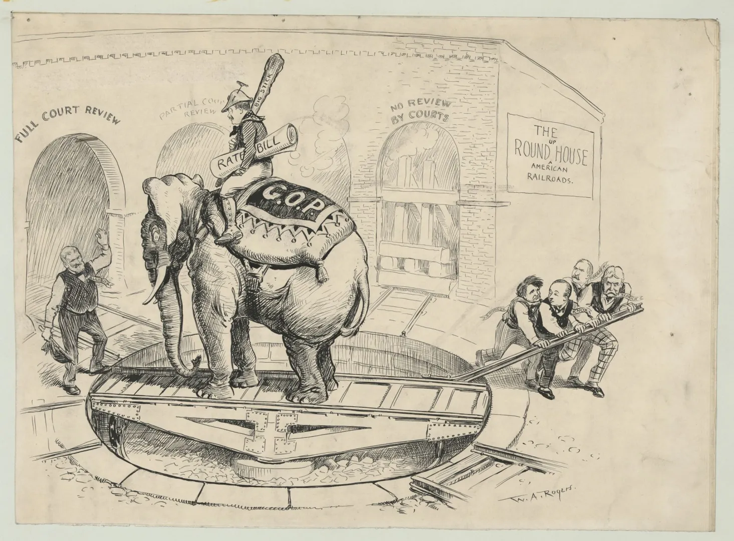 Editorial cartoon about railroad regulation and judicial review