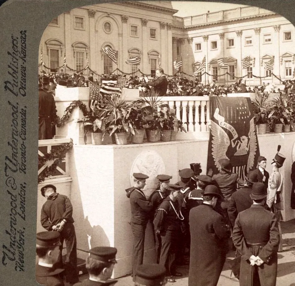 Roosevelt addressing the public from a decorated stand