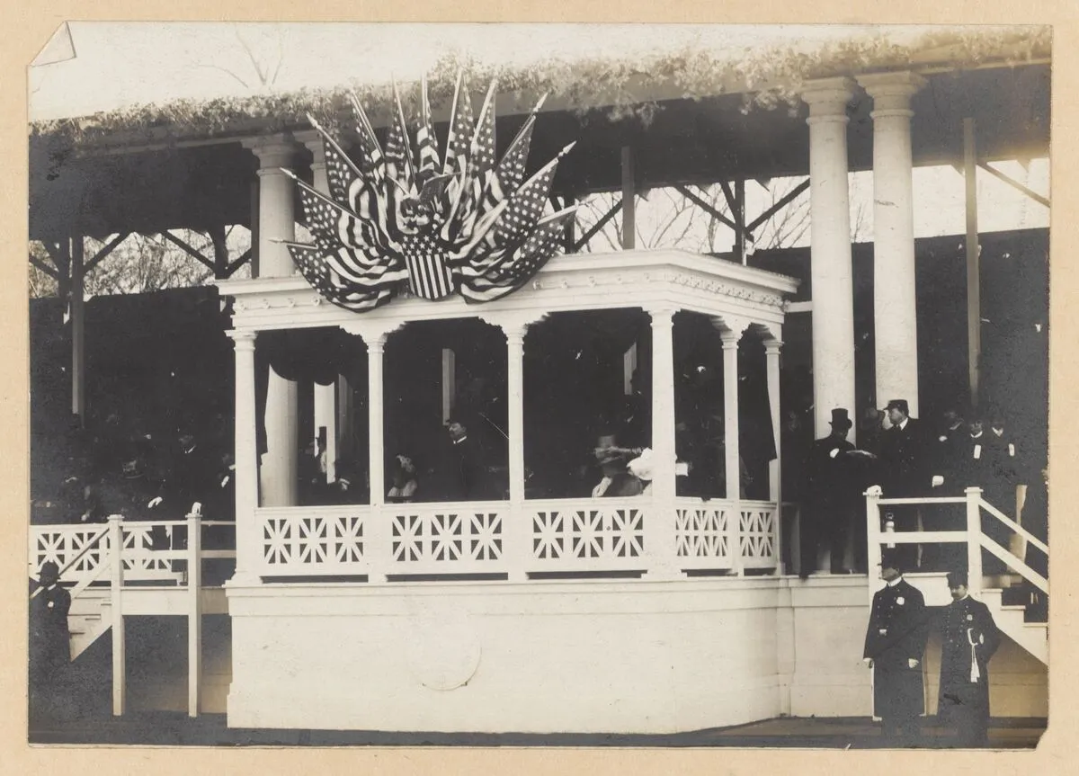 The flag-draped presidential reviewing stand built for the 1905 inauguration