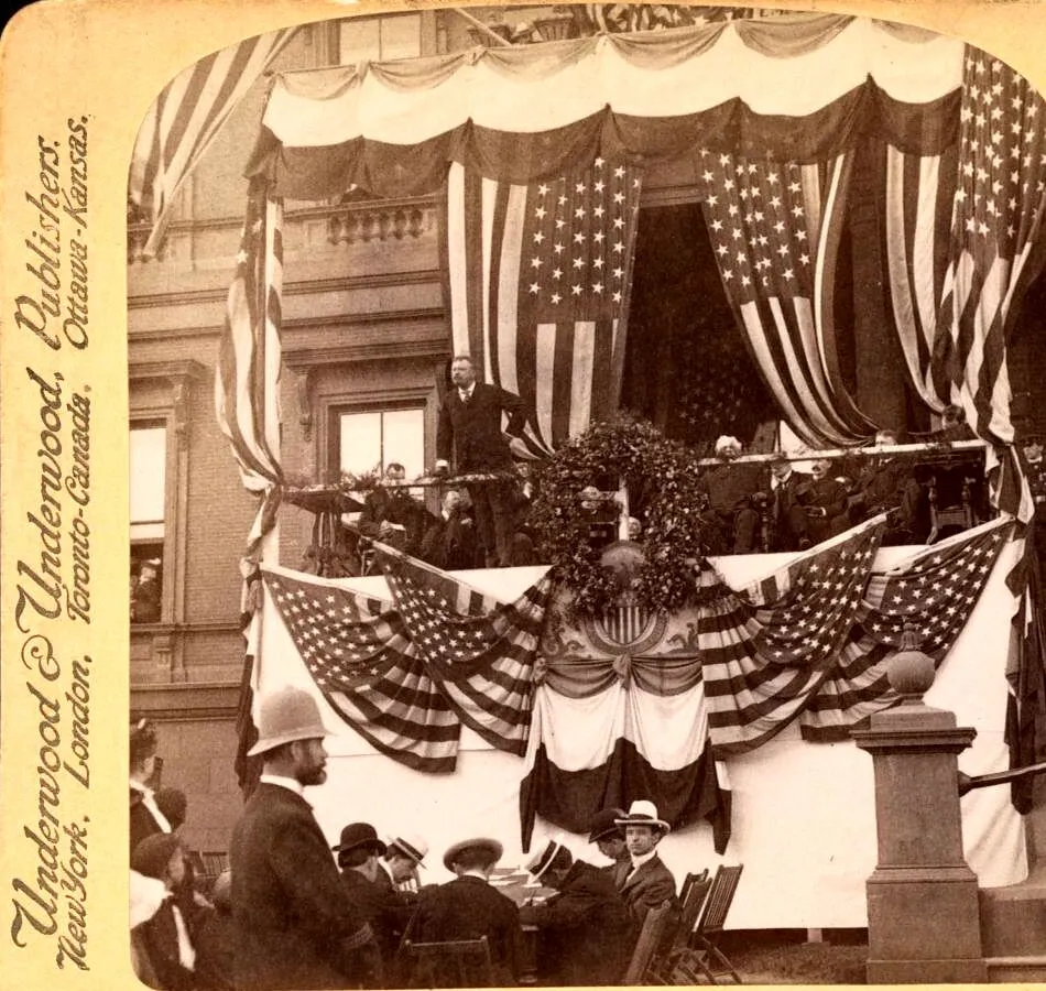 Theodore Roosevelt speaking indoors beneath flags