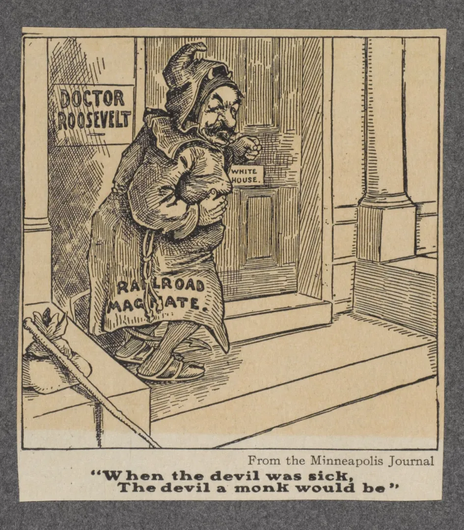 Cartoon of a railroad magnate captioned When the devil was sick