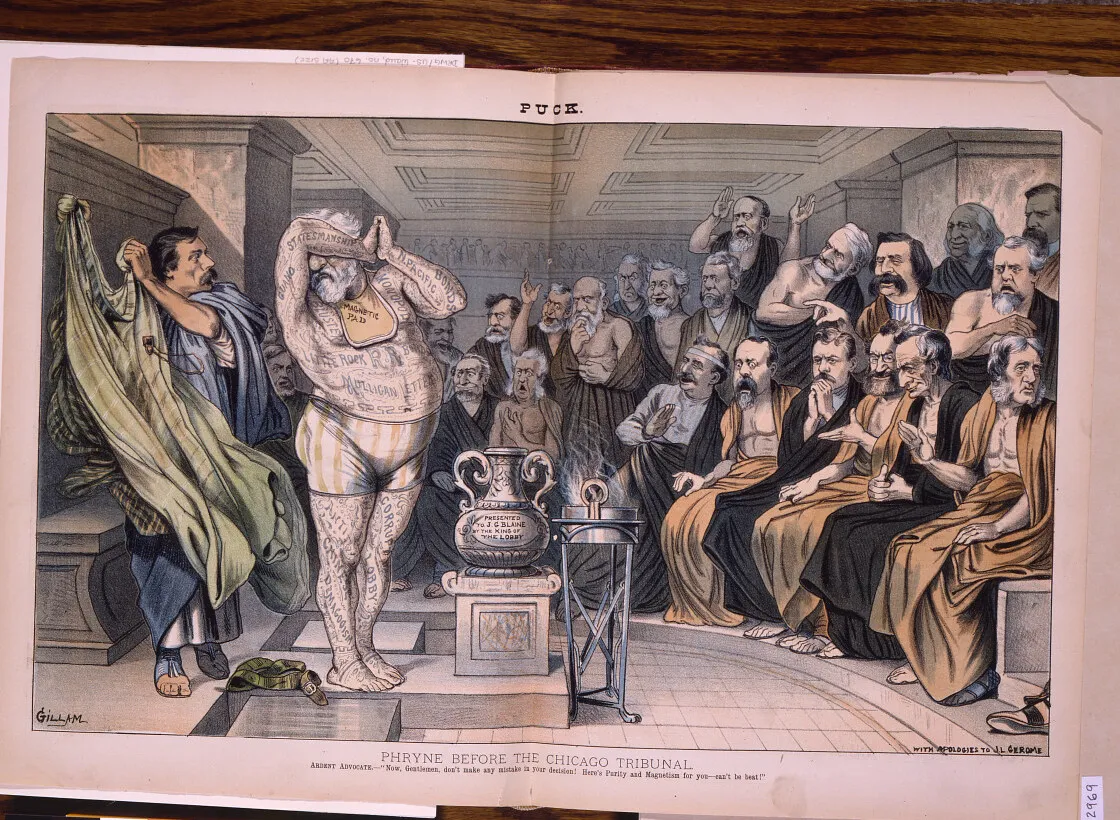 Color 1884 Puck cartoon satirizing James G. Blaine before a tribunal