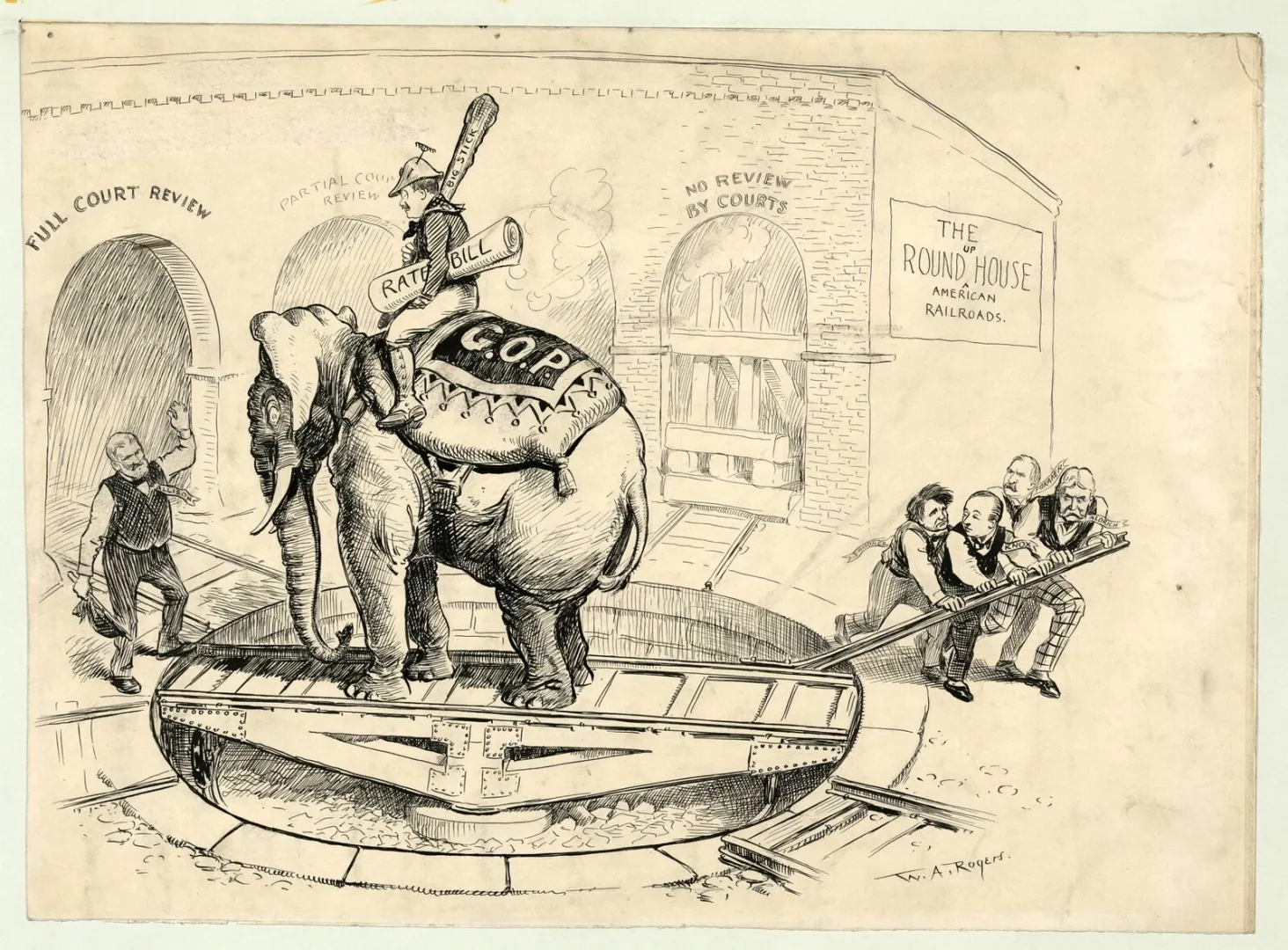 Cartoon of a GOP elephant on a railroad turntable labeled Rate Bill