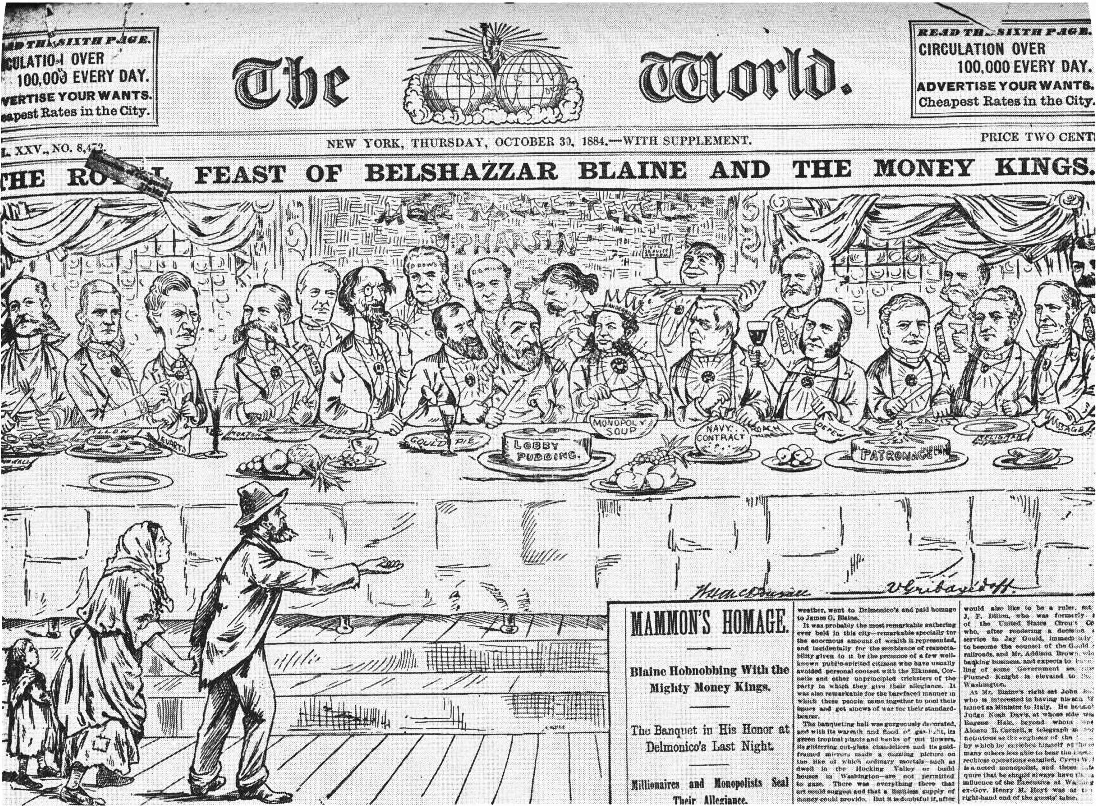 Newspaper cartoon depicting Blaine at a lavish banquet with wealthy men