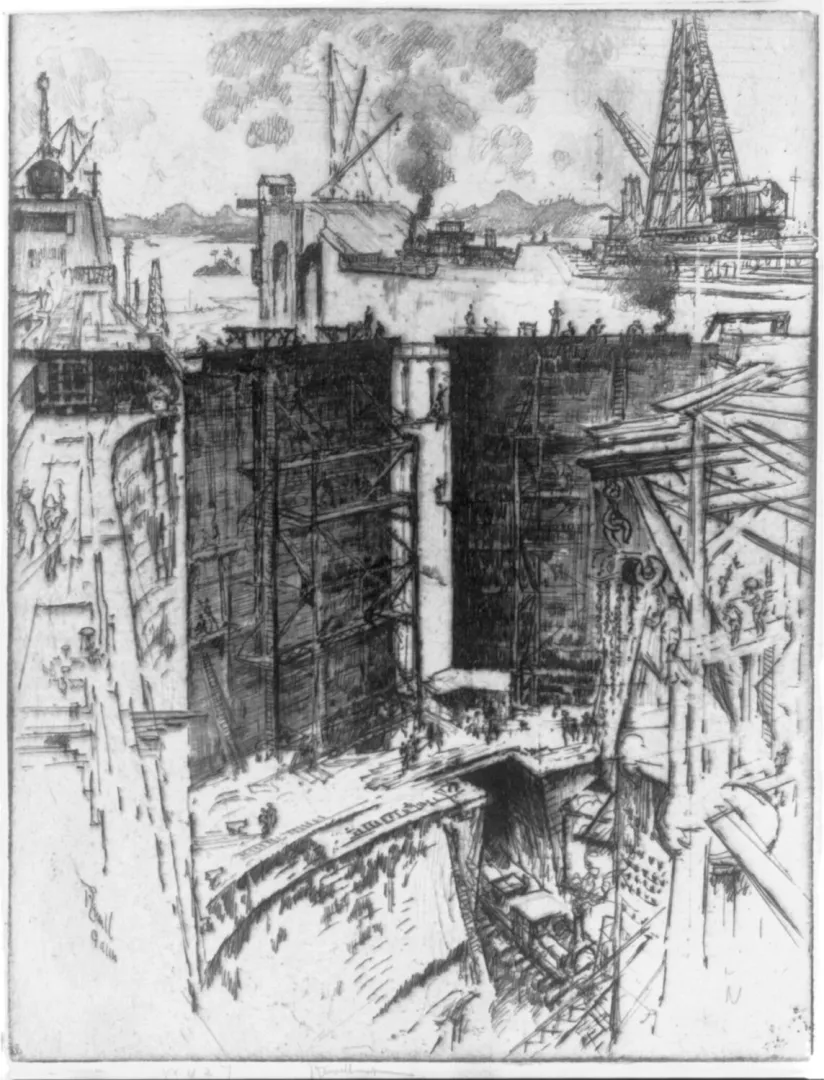 Period etching of the Gatun locks of the Panama Canal under construction