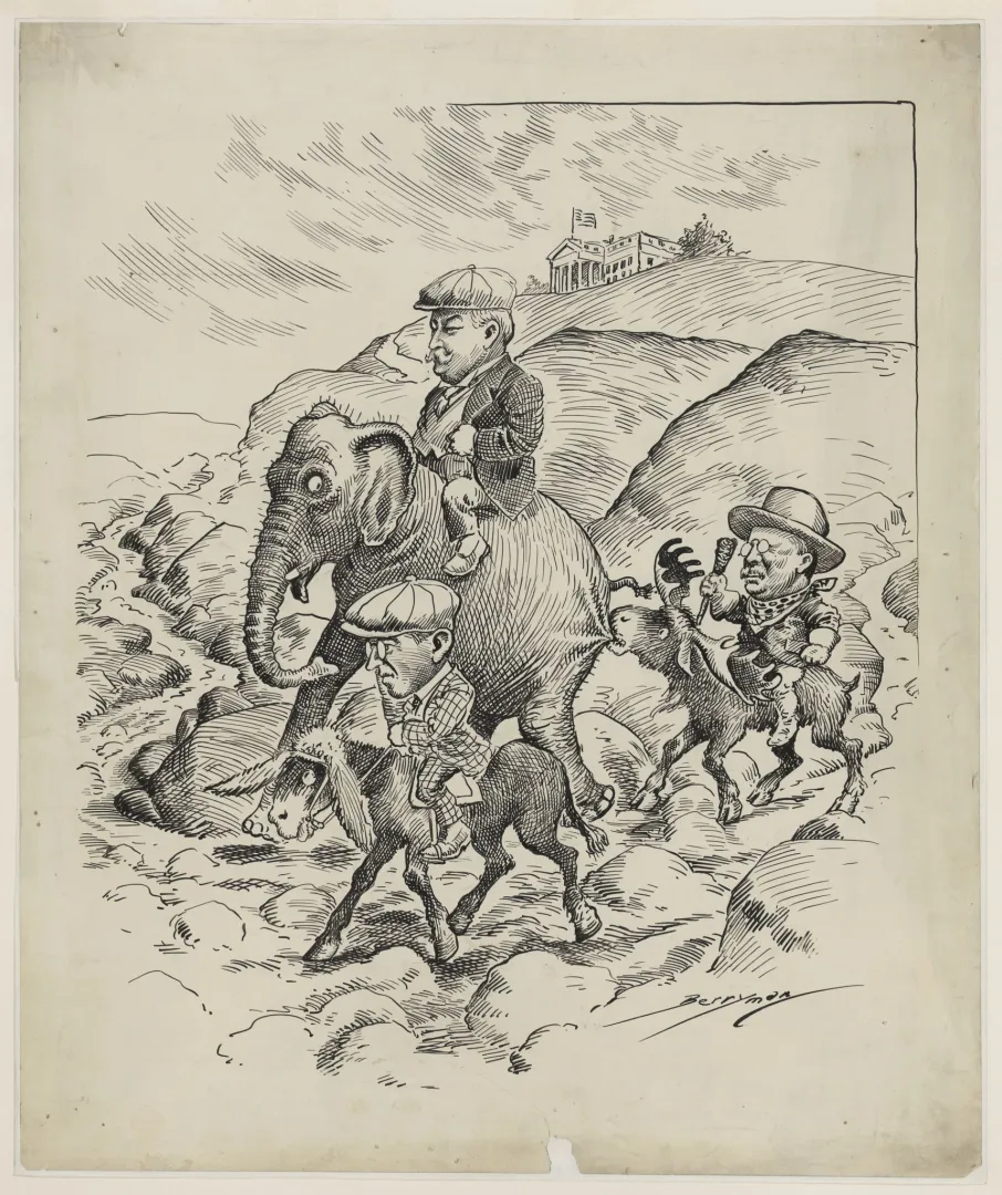 Political cartoon of the 1912 three-way race for the White House