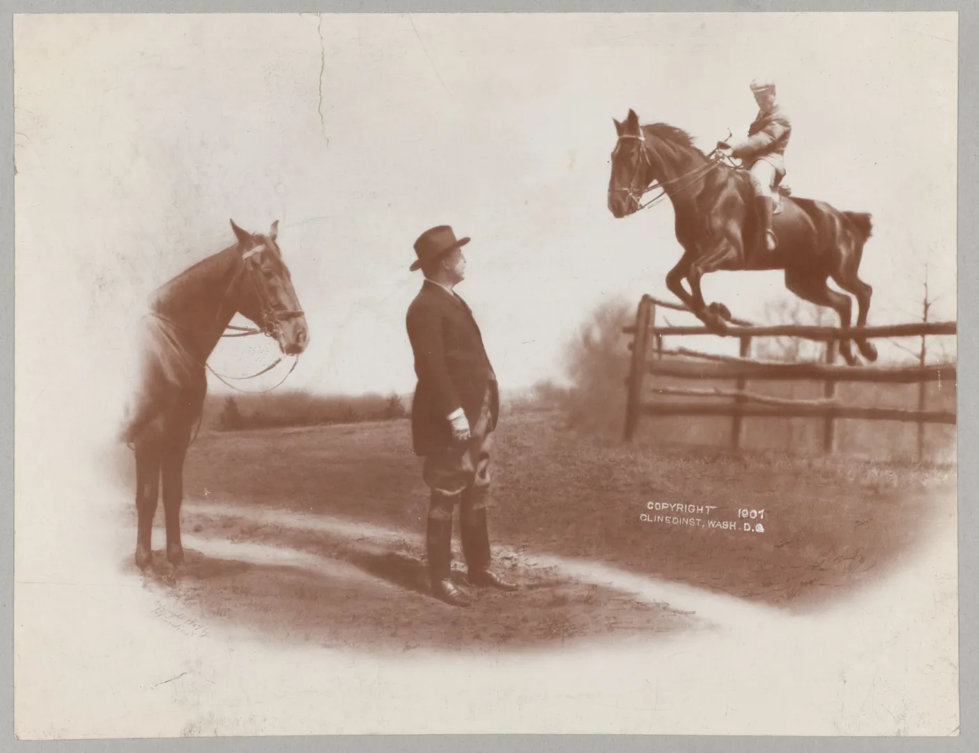Theodore Roosevelt watching his young son Ted ride a horse