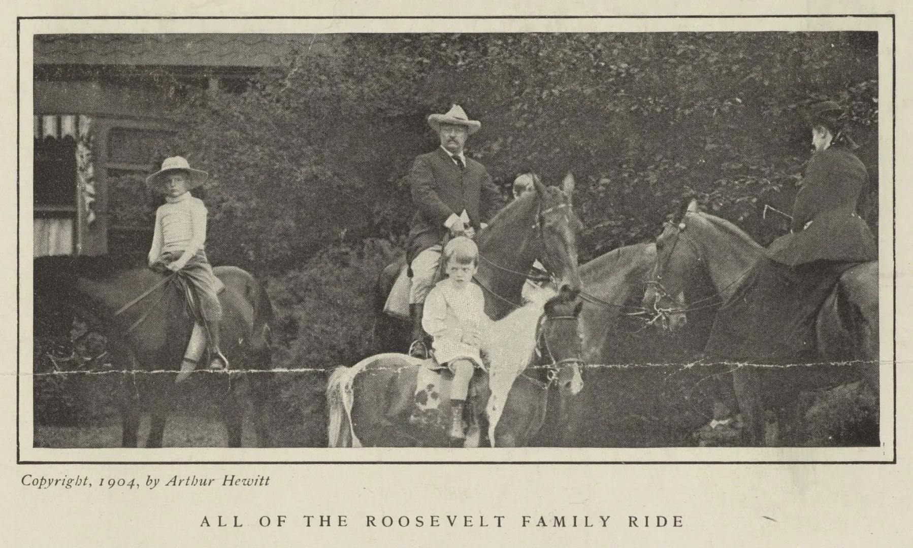Theodore Roosevelt on horseback with his children on ponies during a family ride