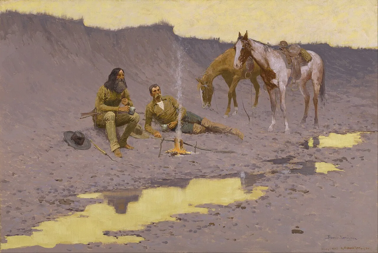 Frederic Remington painting of frontiersmen and Native Americans on the plains