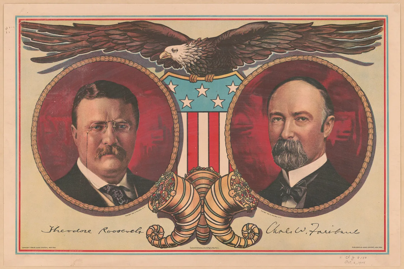 1904 campaign poster with oval portraits of Theodore Roosevelt and Charles W. Fairbanks beneath a spread-winged eagle