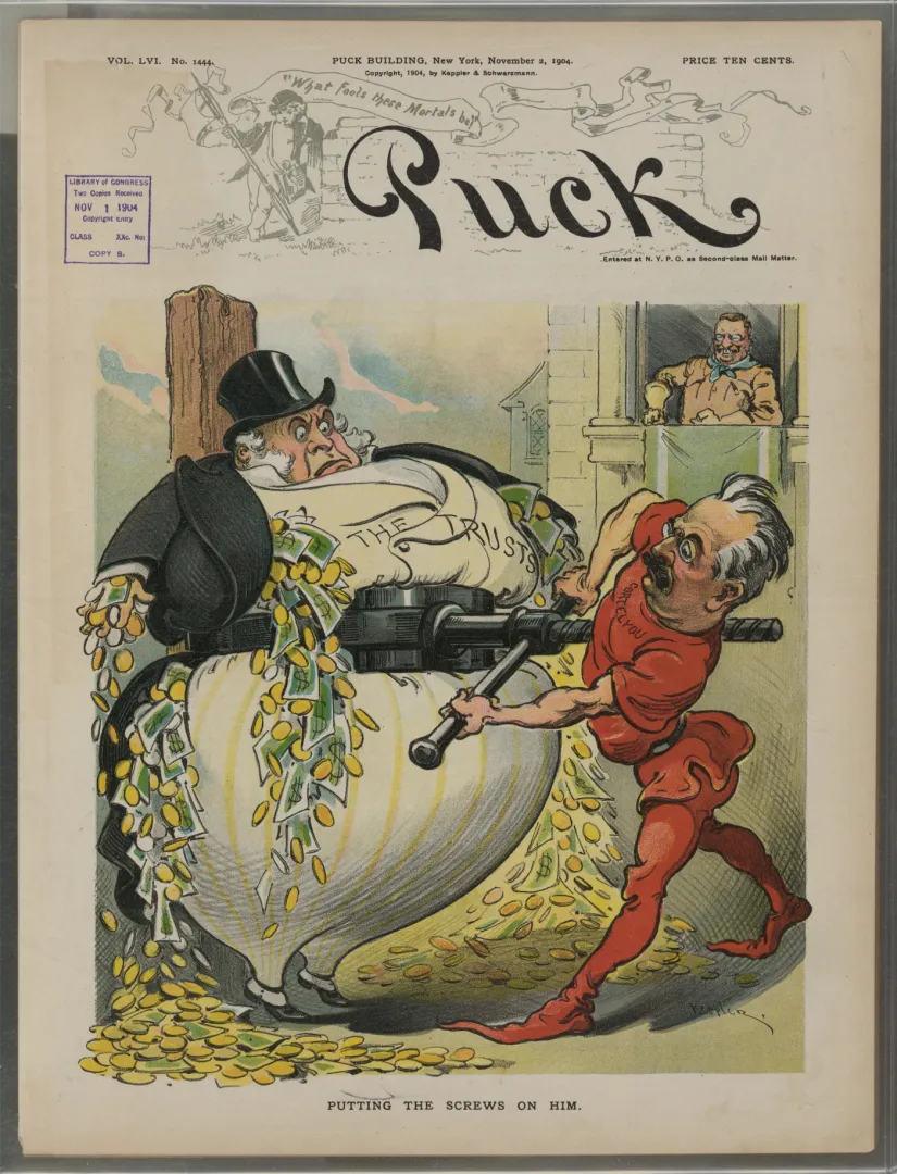 Puck magazine cover cartoon of a corpulent figure beside a cornucopia spilling gold coins as a jester turns a screw