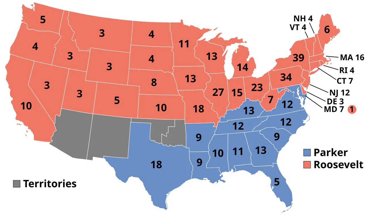 Map of the United States showing 1904 electoral votes, Roosevelt states shaded red and Parker states shaded blue