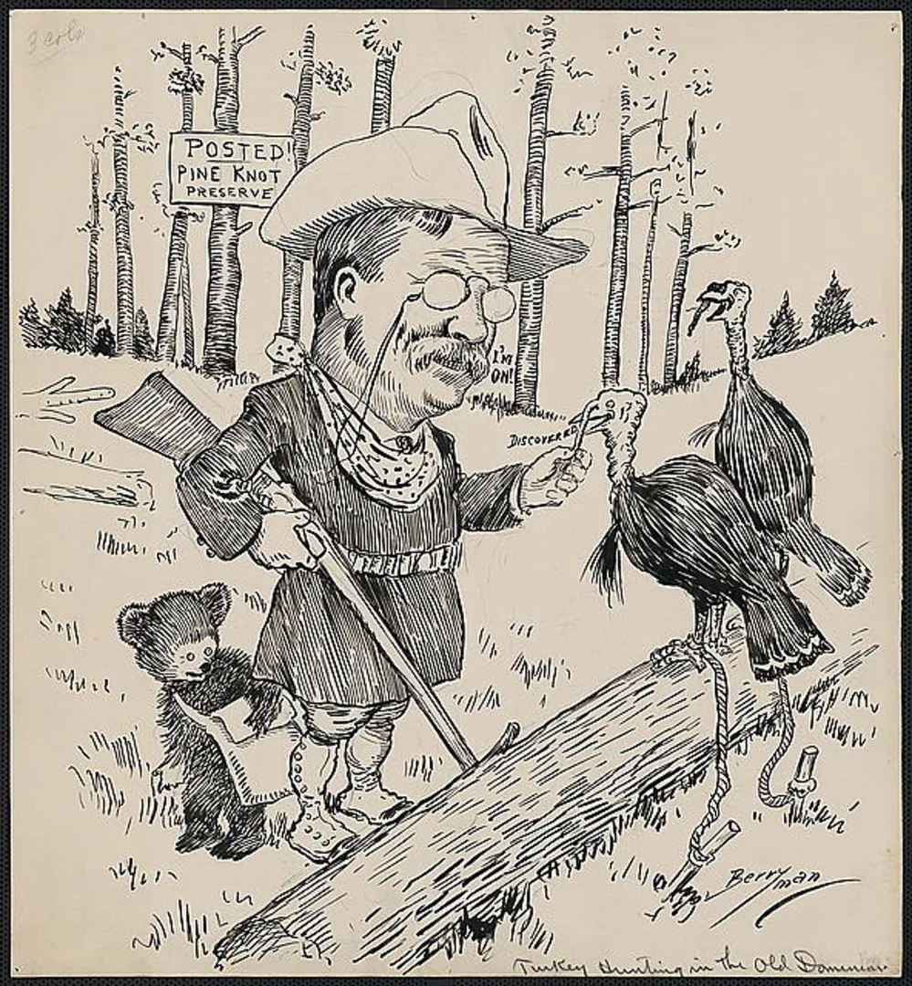Clifford Berryman cartoon of Theodore Roosevelt hunting turkeys in Virginia