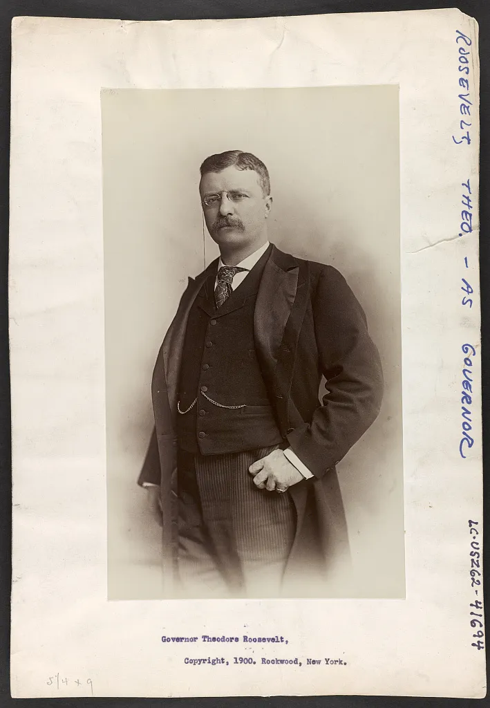 Theodore Roosevelt in pince-nez, a dark frock coat and striped trousers, standing with one hand at his hip.