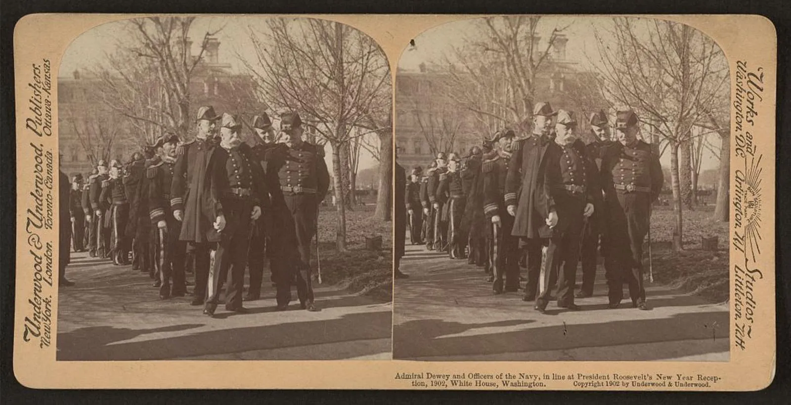 Admiral Dewey and Navy officers in line at President Roosevelt's New Year's reception at the White House, 1902