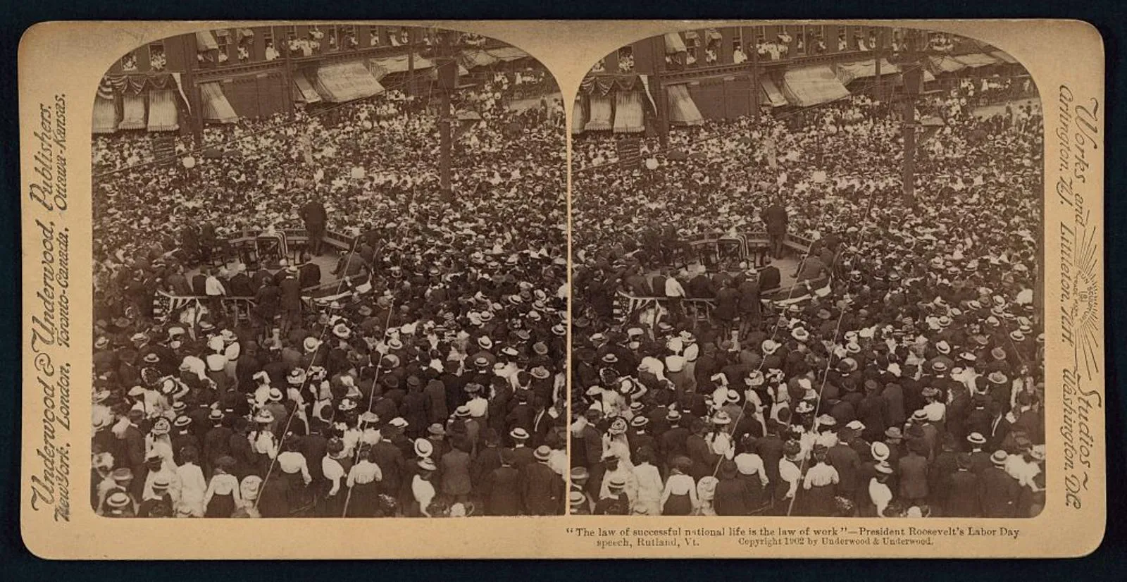 Theodore Roosevelt speaking to a crowd at Rutland, Vermont, on Labor Day, 1902