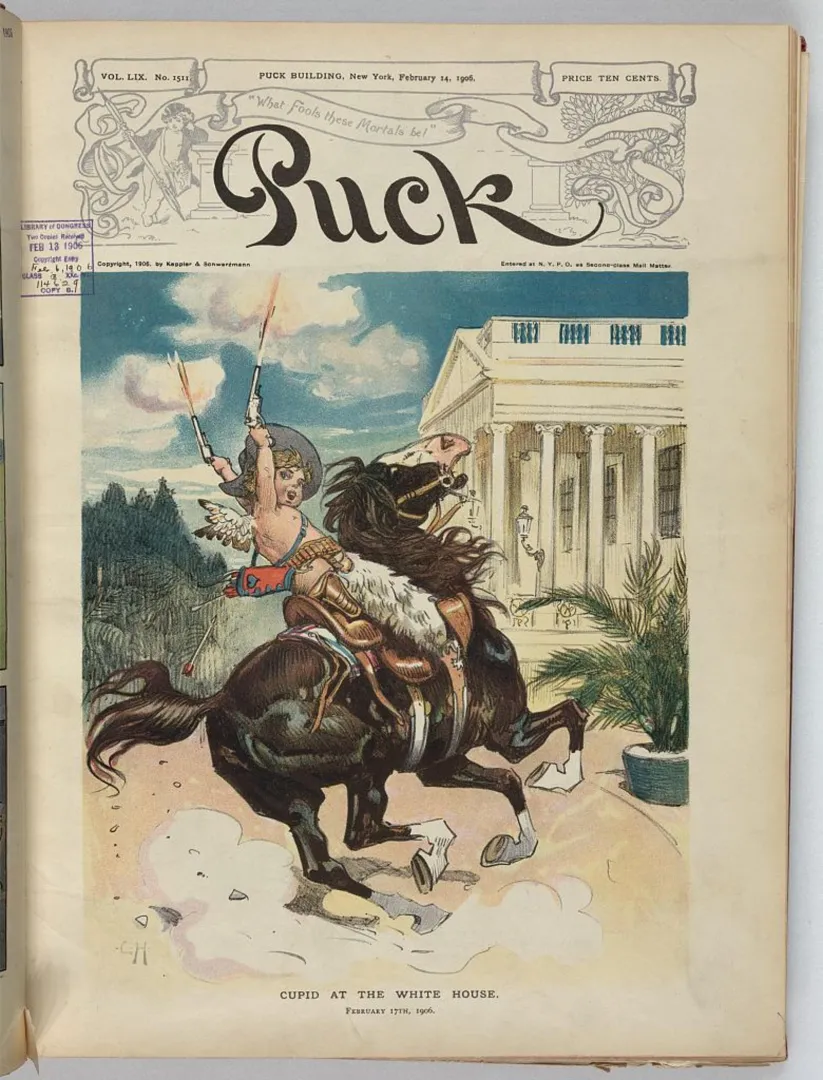 Puck magazine cover from February 14, 1906, showing Cupid at the White House