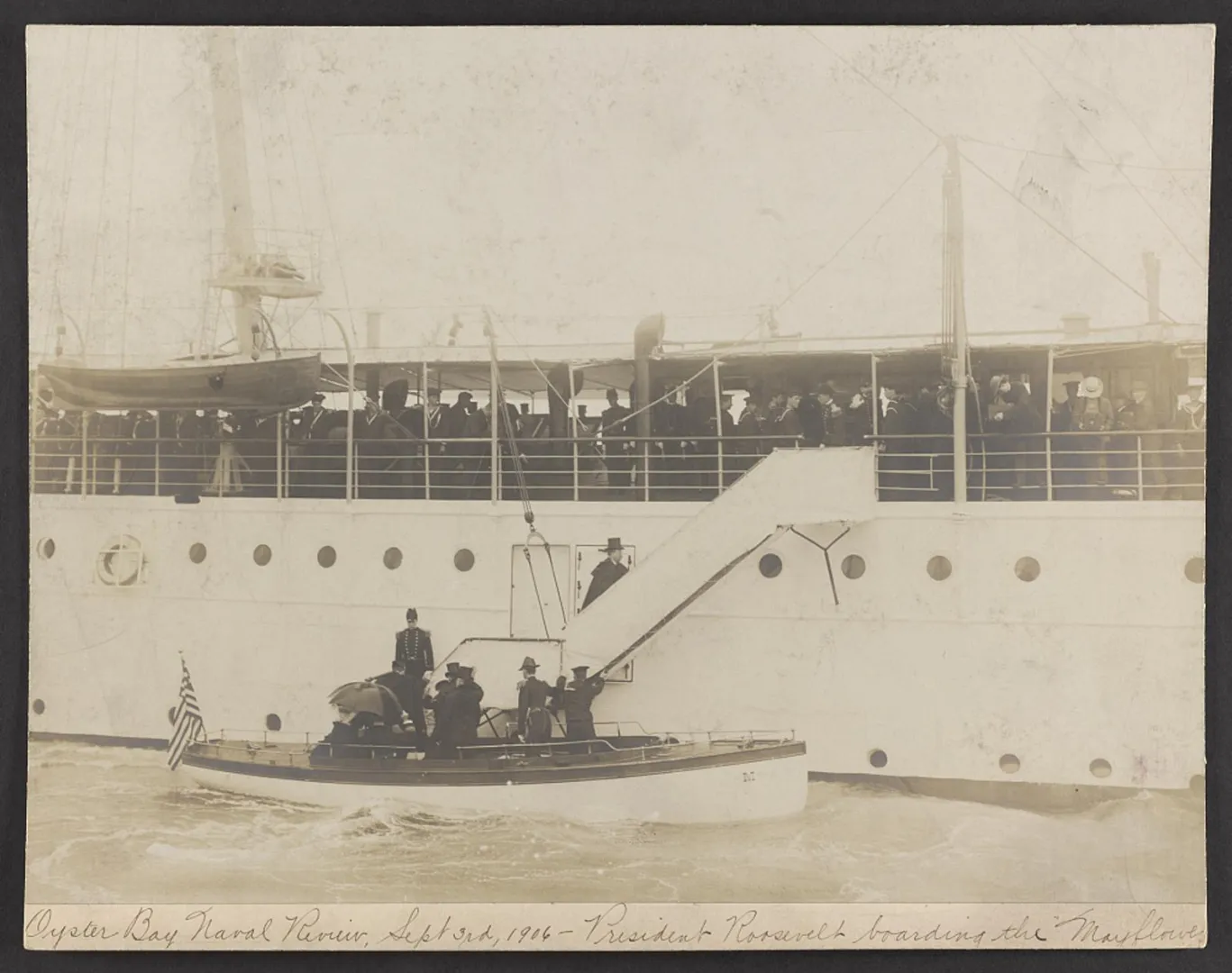 President Theodore Roosevelt boarding the presidential yacht Mayflower for the Oyster Bay naval review, 1906