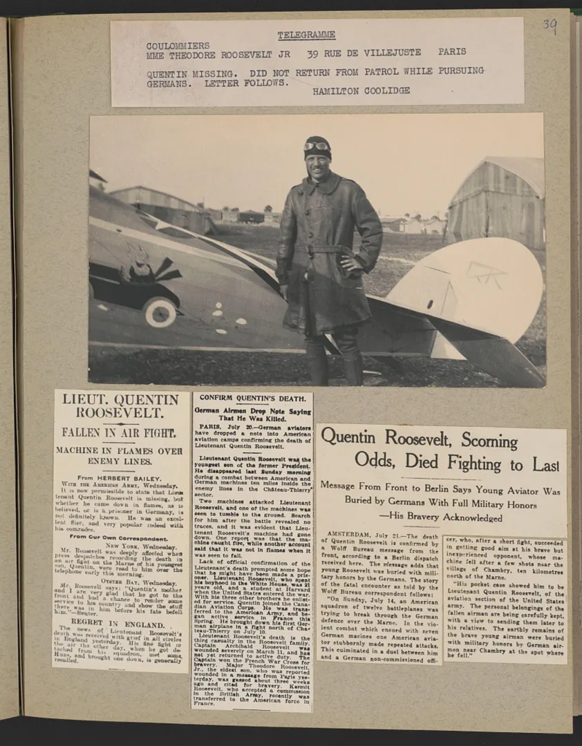 Album page with a photograph of Quentin Roosevelt beside his airplane, 1918