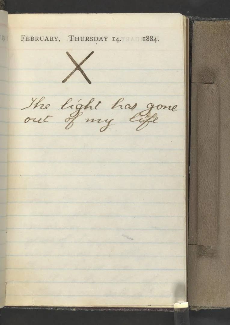Theodore Roosevelt's diary page for February 14, 1884, with a large X and the words "The light has gone out of my life"