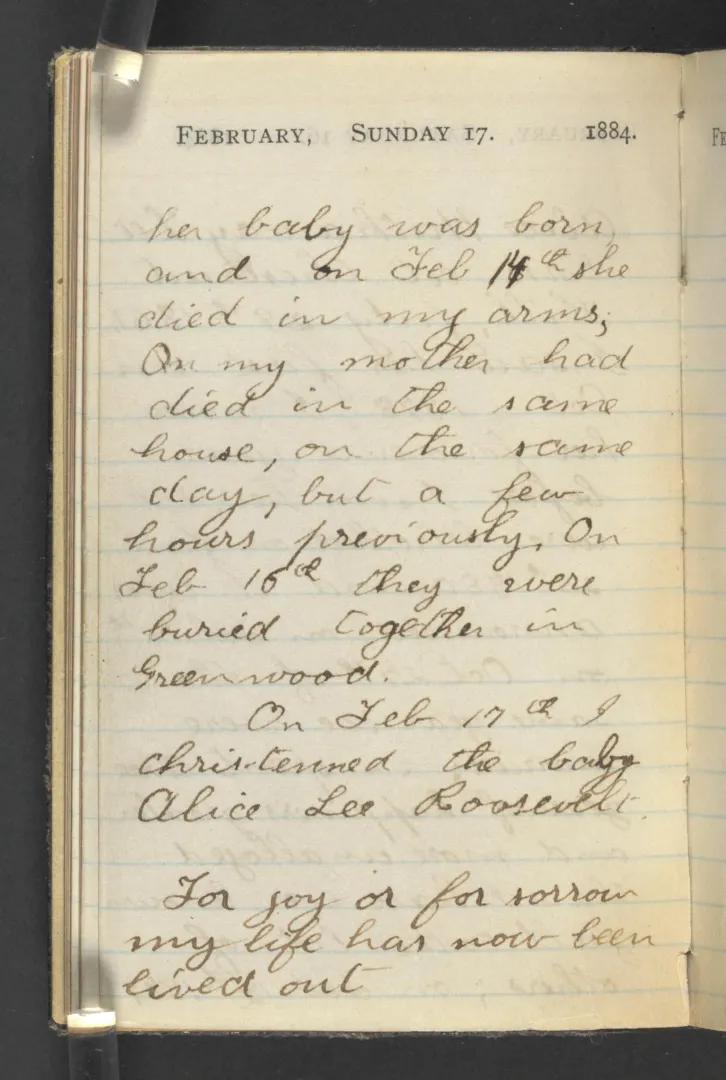 Theodore Roosevelt's handwritten diary page from February 17, 1884, part of his tribute to his wife Alice