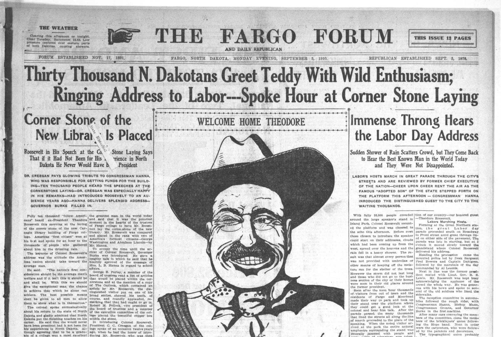 Front page of the Fargo Forum, September 5, 1910, with headlines about Roosevelt’s visit and a cartoon of him in a cowboy hat labeled Welcome Home Theodore.